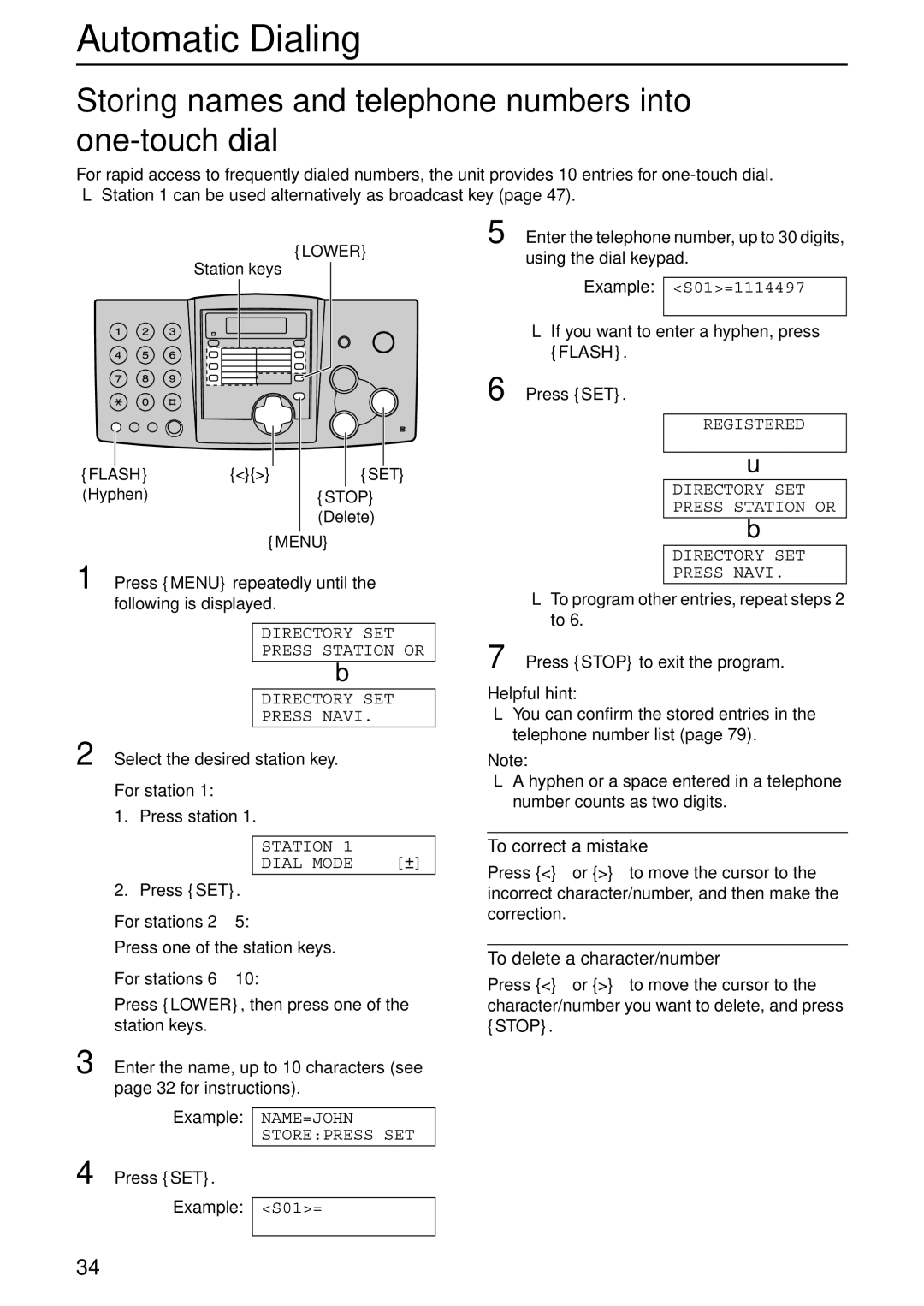 Panasonic KX-FHD332 manual Automatic Dialing, Storing names and telephone numbers into one-touch dial 