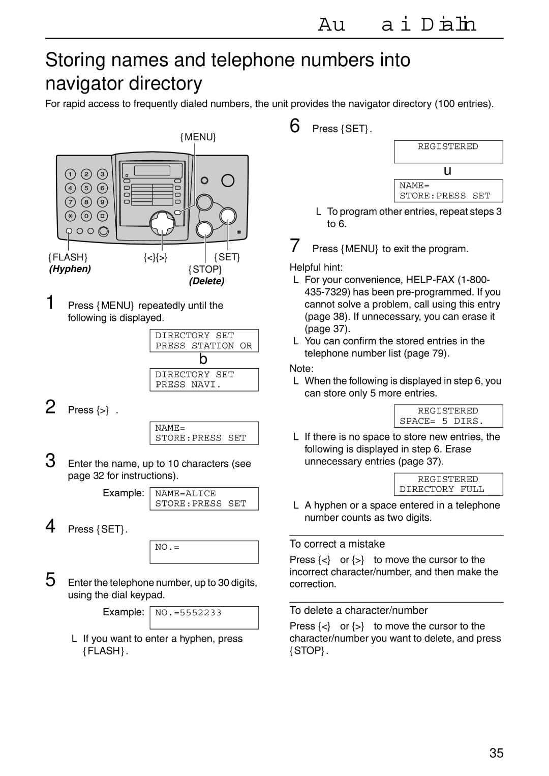 Panasonic KX-FHD332 manual Storing names and telephone numbers into navigator directory 