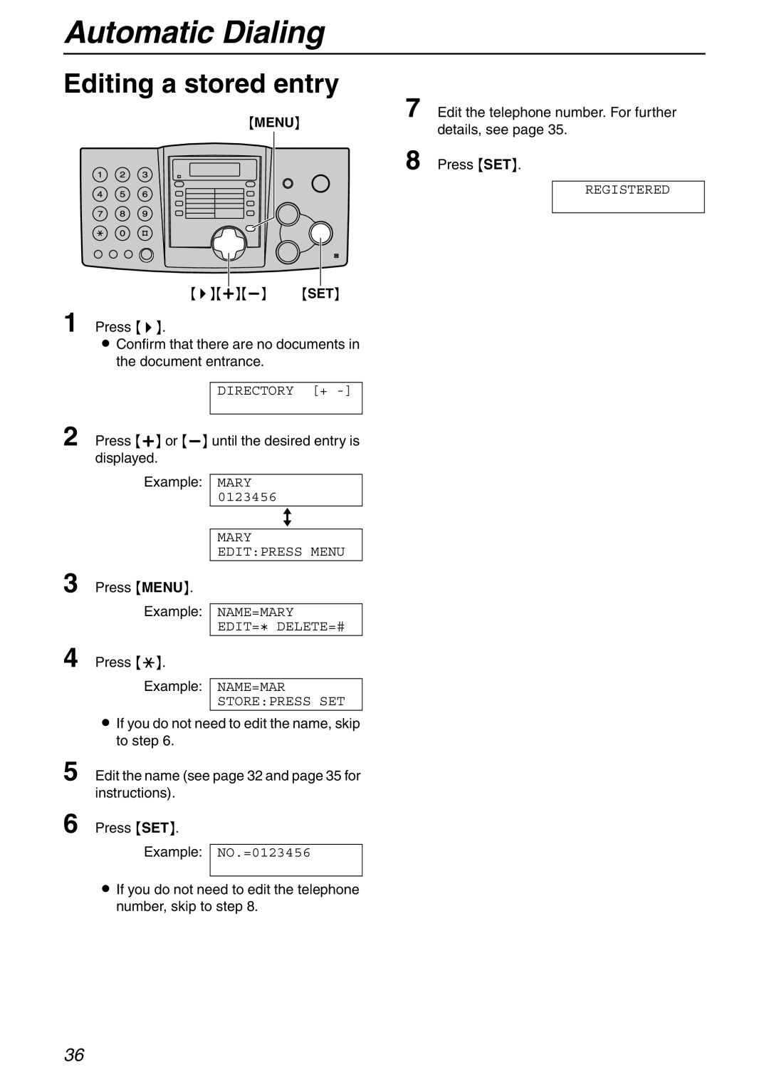 Panasonic KX-FHD332 manual Editing a stored entry, Press Menu Example 