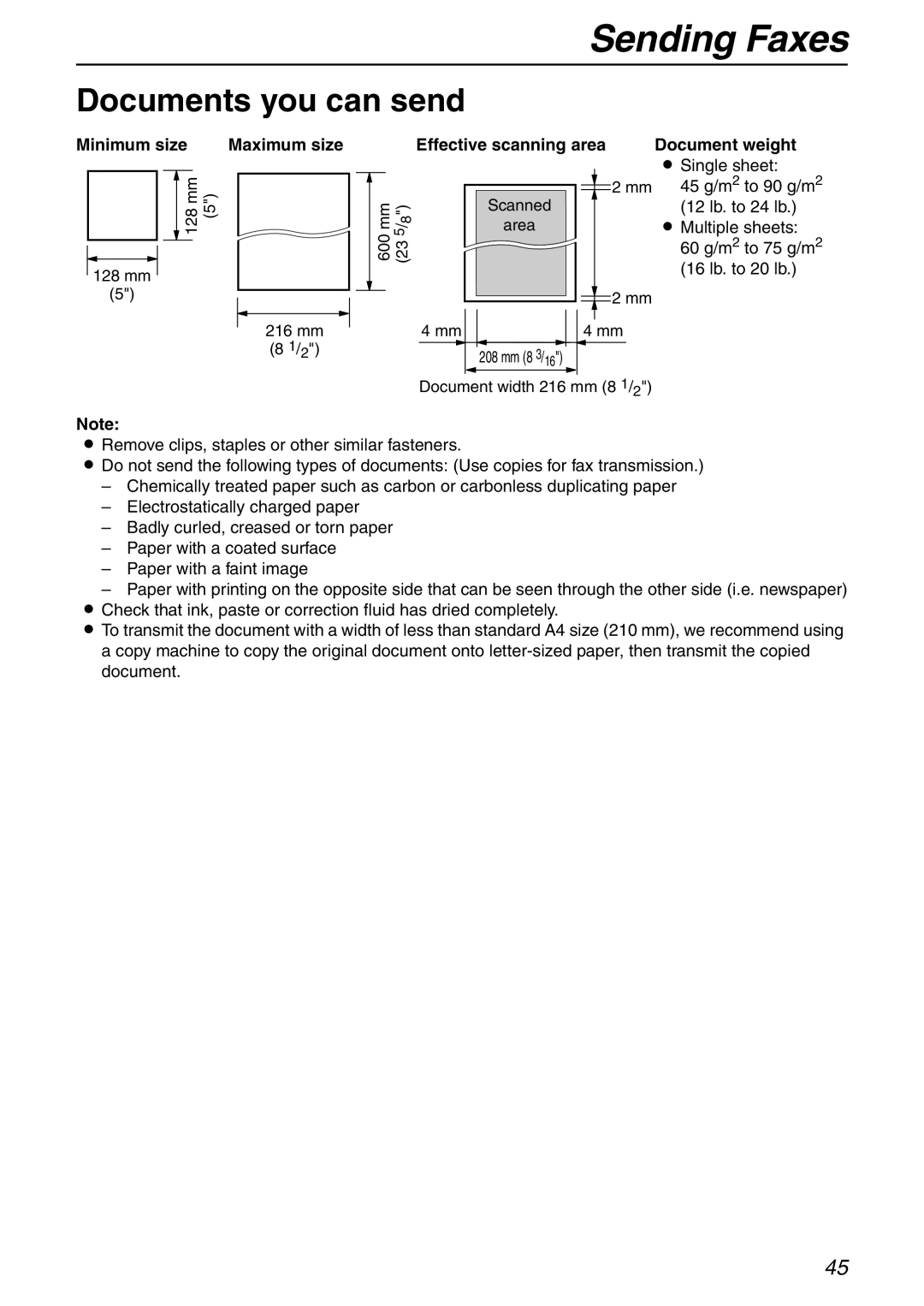 Panasonic KX-FHD332 manual Documents you can send, Minimum size Maximum size, Effective scanning area, Document weight 