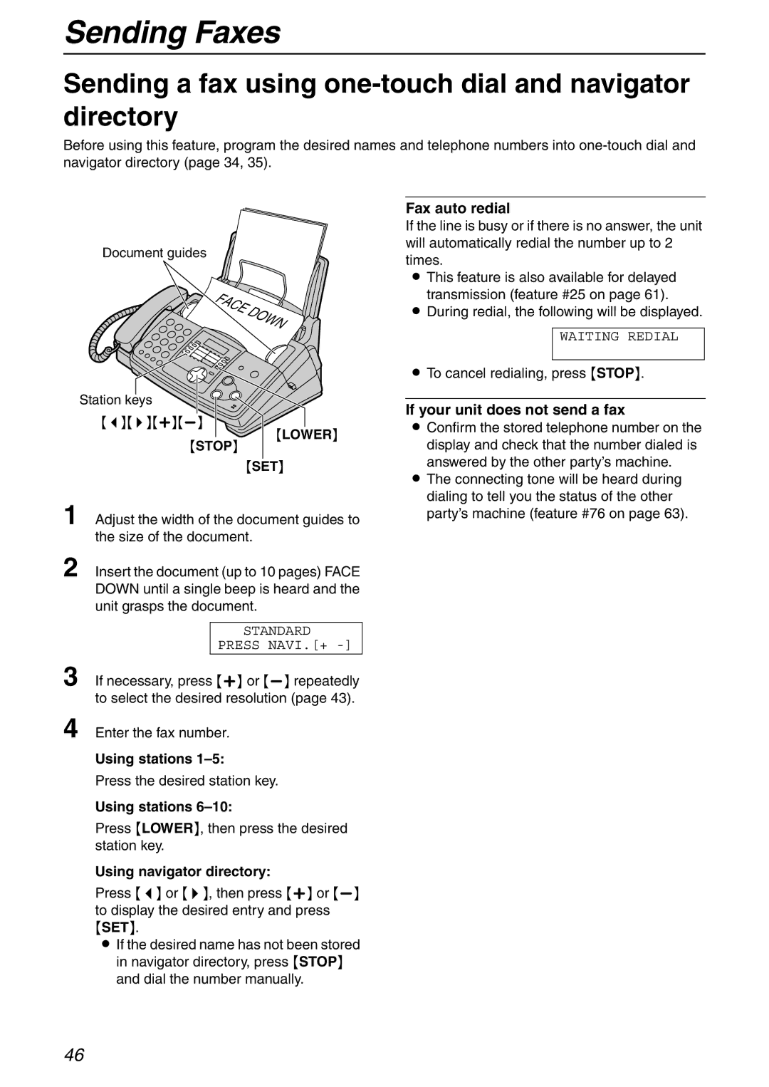 Panasonic KX-FHD332 manual Sending a fax using one-touch dial and navigator directory, Fax auto redial, Using stations 