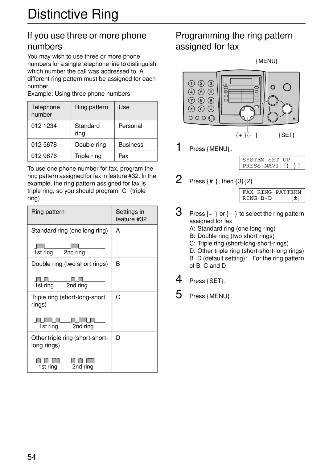 Panasonic KX-FHD332 manual If you use three or more phone numbers, Programming the ring pattern assigned for fax 