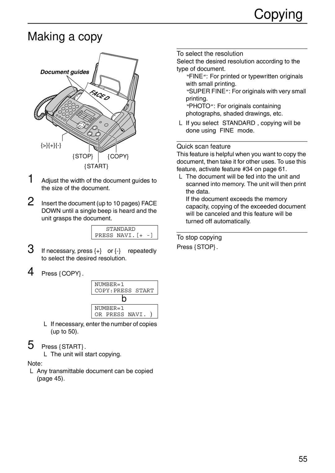 Panasonic KX-FHD332 manual Copying, Quick scan feature, To stop copying 