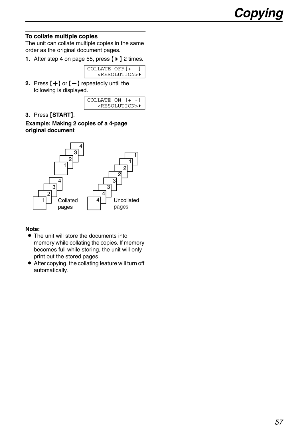 Panasonic KX-FHD332 manual To collate multiple copies, Press + or -repeatedly until the following is displayed 