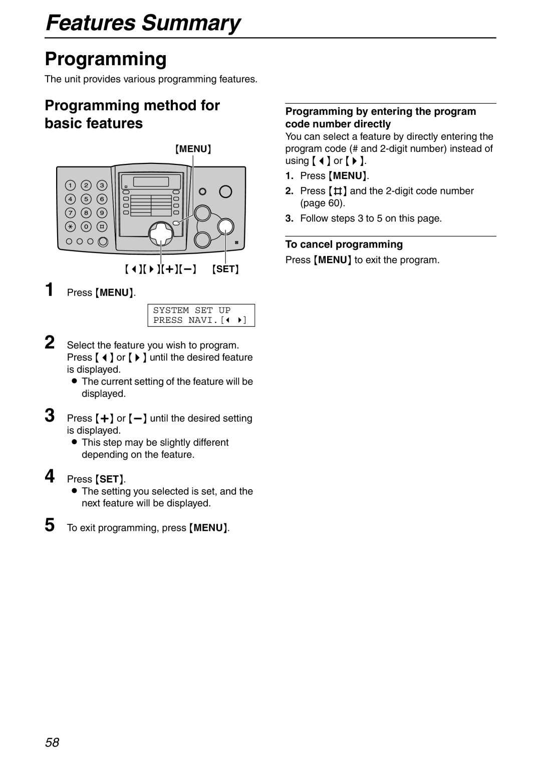 Panasonic KX-FHD332 manual Features Summary, Programming method for basic features, To cancel programming 