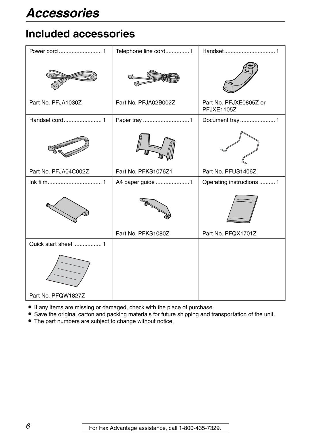 Panasonic KX-FHD332 manual Accessories, Included accessories, Part No. PFJA1030Z, Part No. PFJXE0805Z or 