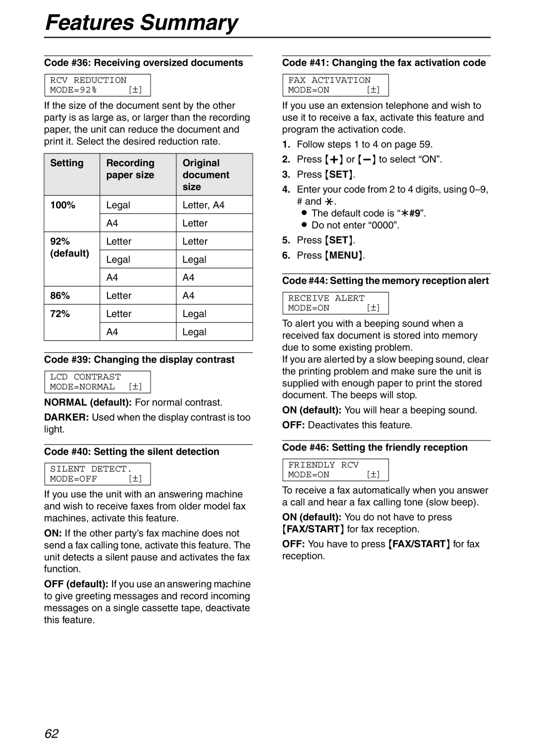 Panasonic KX-FHD332 manual Code #36 Receiving oversized documents, Code #39 Changing the display contrast 