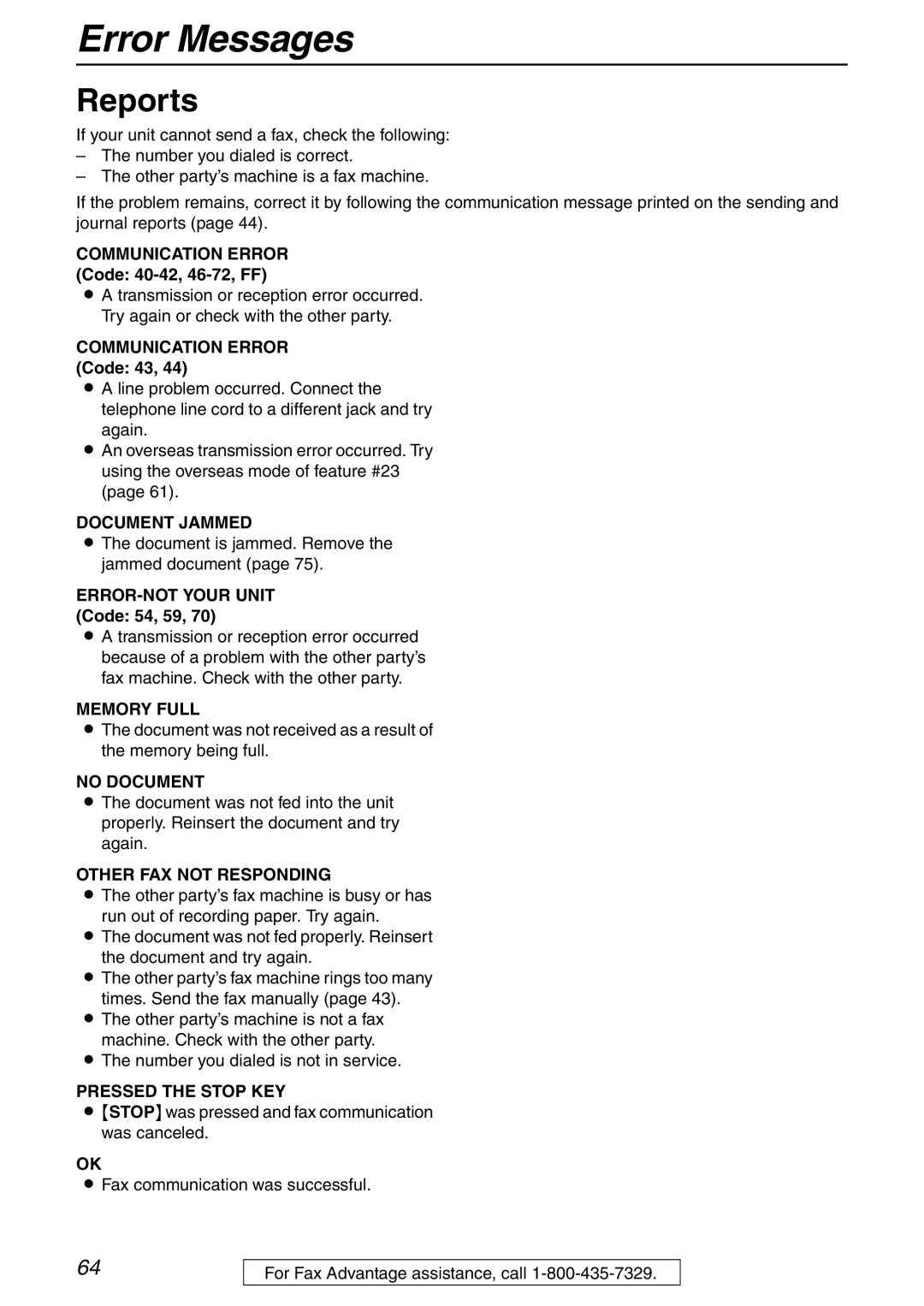 Panasonic KX-FHD332 manual Error Messages, Reports, Communication Error Code 40-42, 46-72, FF, Communication Error Code 43 