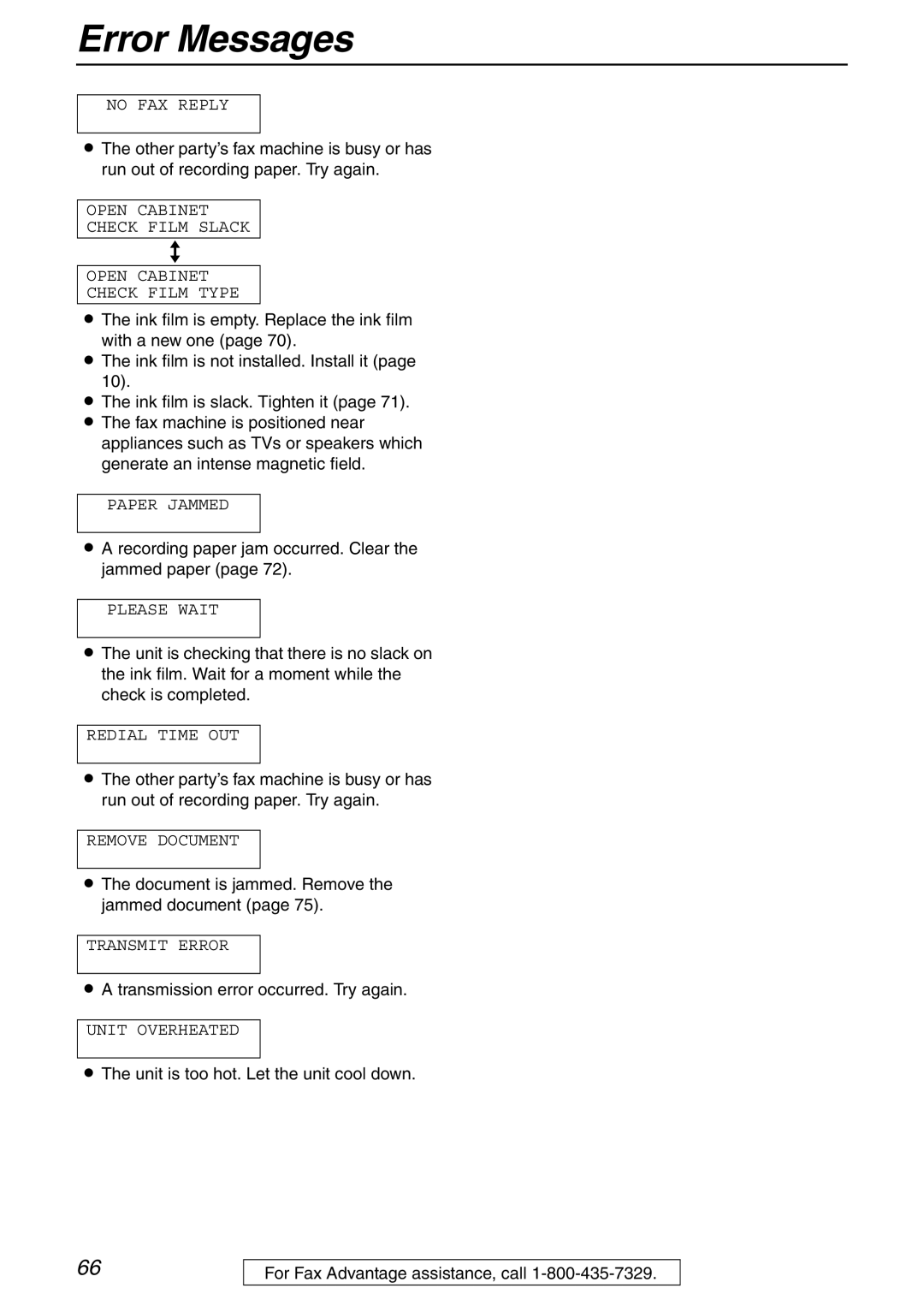 Panasonic KX-FHD332 manual Recording paper jam occurred. Clear the jammed paper, Transmission error occurred. Try again 