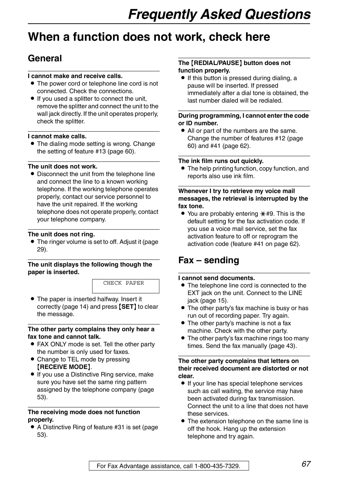 Panasonic KX-FHD332 manual Frequently Asked Questions, When a function does not work, check here, General, Fax sending 