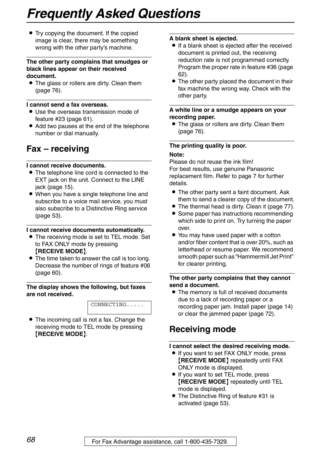 Panasonic KX-FHD332 manual Fax receiving, Receiving mode 