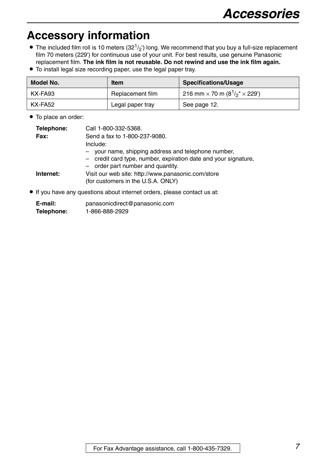 Panasonic KX-FHD332 manual Accessory information, Model No Specifications/Usage 