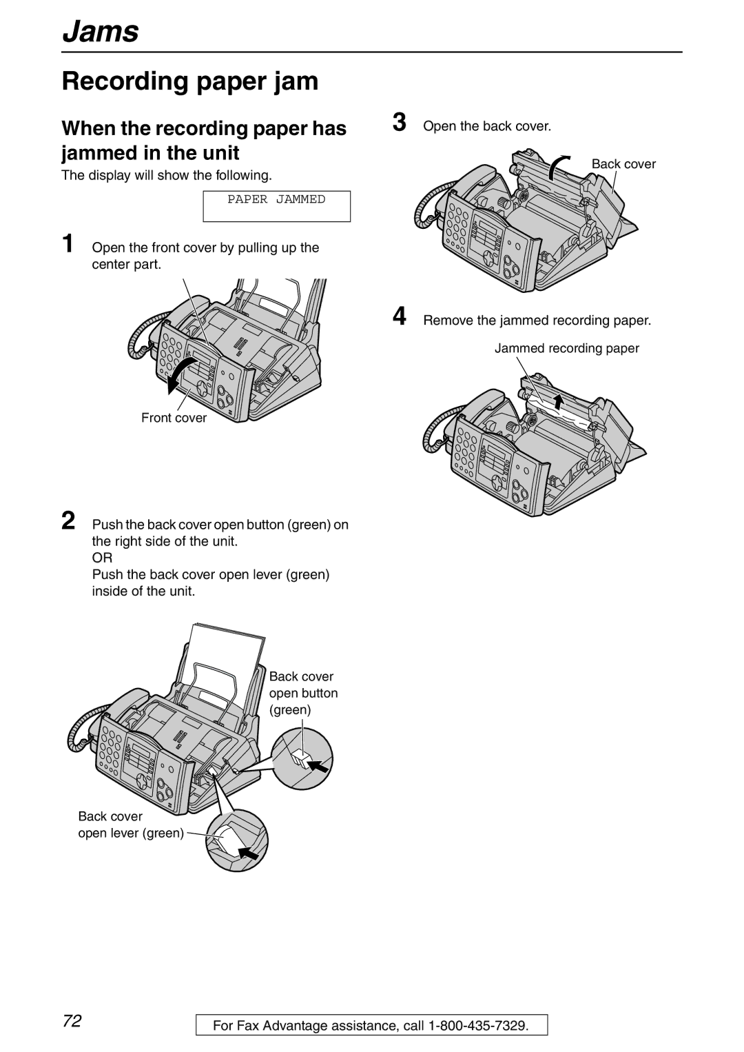 Panasonic KX-FHD332 manual Jams, Recording paper jam, When the recording paper has jammed in the unit 