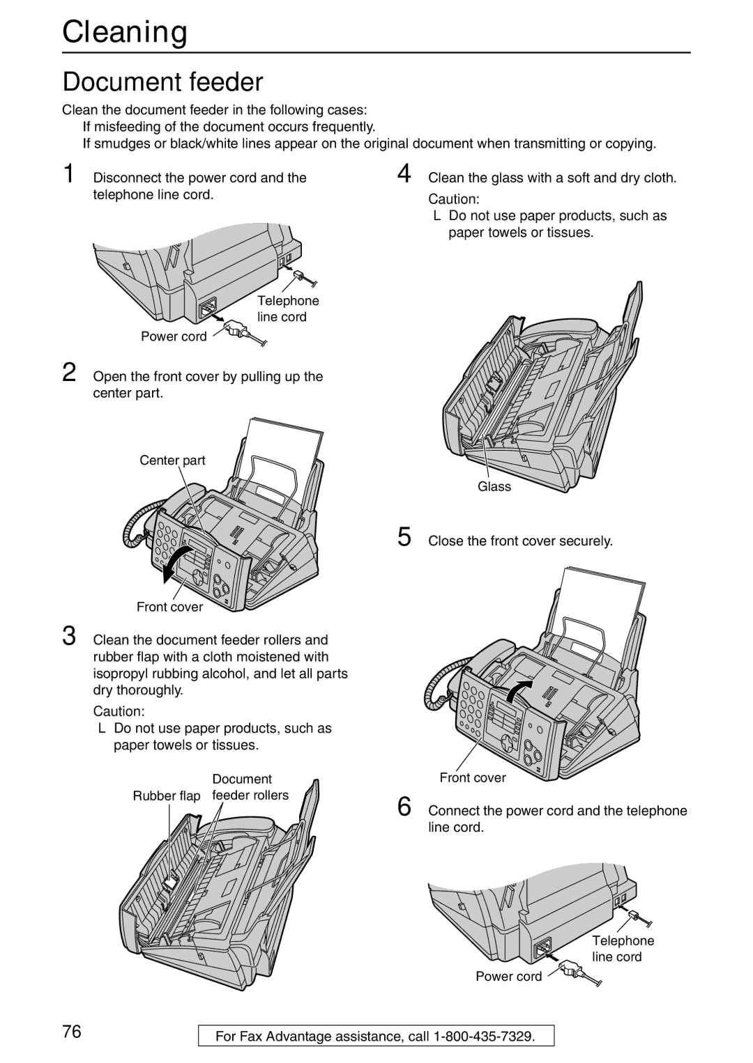 Panasonic KX-FHD332 manual Cleaning, Document feeder, Do not use paper products, such as paper towels or tissues 