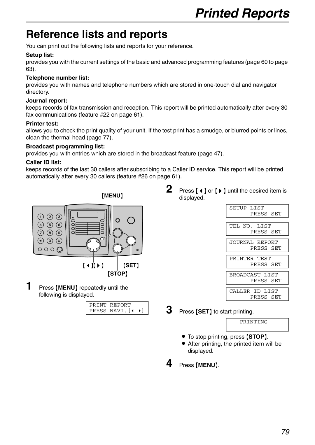 Panasonic KX-FHD332 manual Printed Reports, Reference lists and reports 