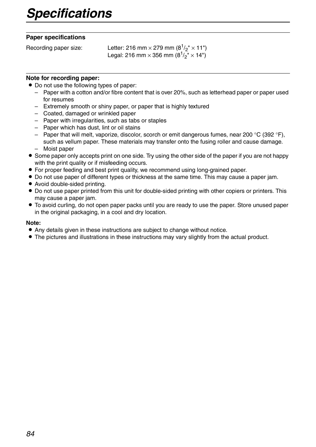 Panasonic KX-FHD332 manual Paper specifications, Recording paper size 