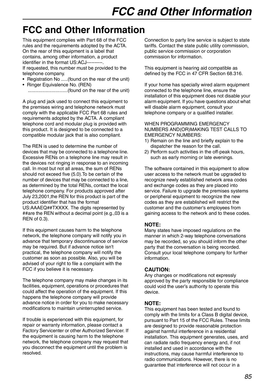 Panasonic KX-FHD332 manual FCC and Other Information 