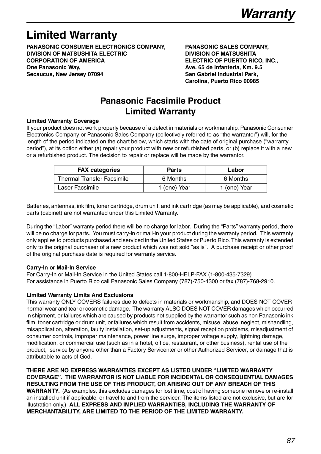 Panasonic KX-FHD332 manual Panasonic Facsimile Product Limited Warranty, FAX categories Parts Labor, Laser Facsimile 