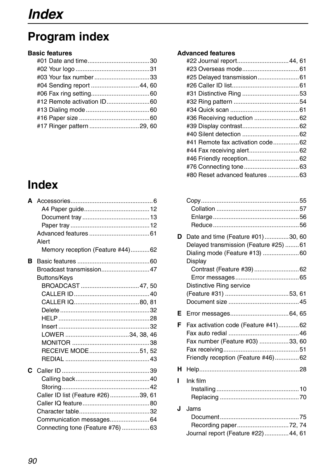 Panasonic KX-FHD332 manual Index, Program index, Basic features, Advanced features 