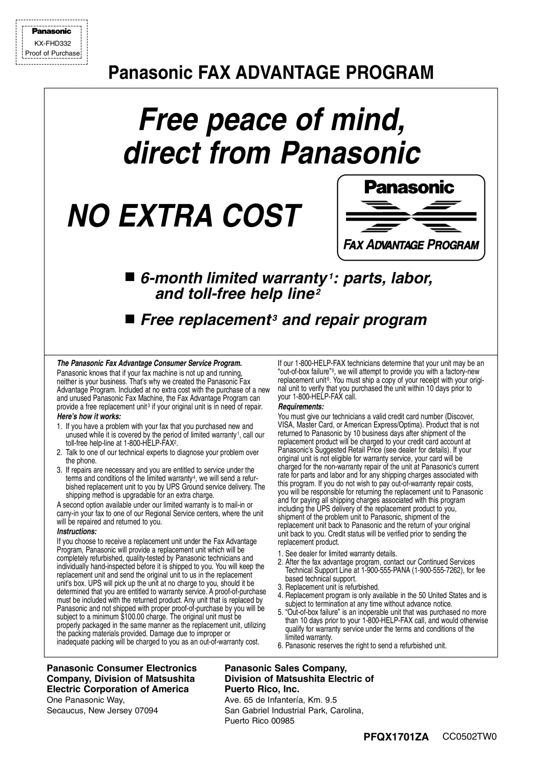 Panasonic KX-FHD332 manual Panasonic FAX Advantage Program, PFQX1701ZA CC0502TW0 