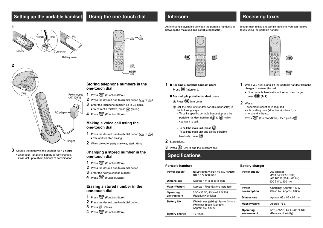 Panasonic KX-FKN551 operating instructions Intercom Receiving faxes, Speciﬁcations 