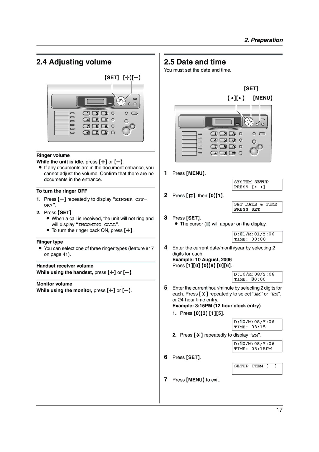 Panasonic KX-FL313HK operating instructions Adjusting volume, Date and time 