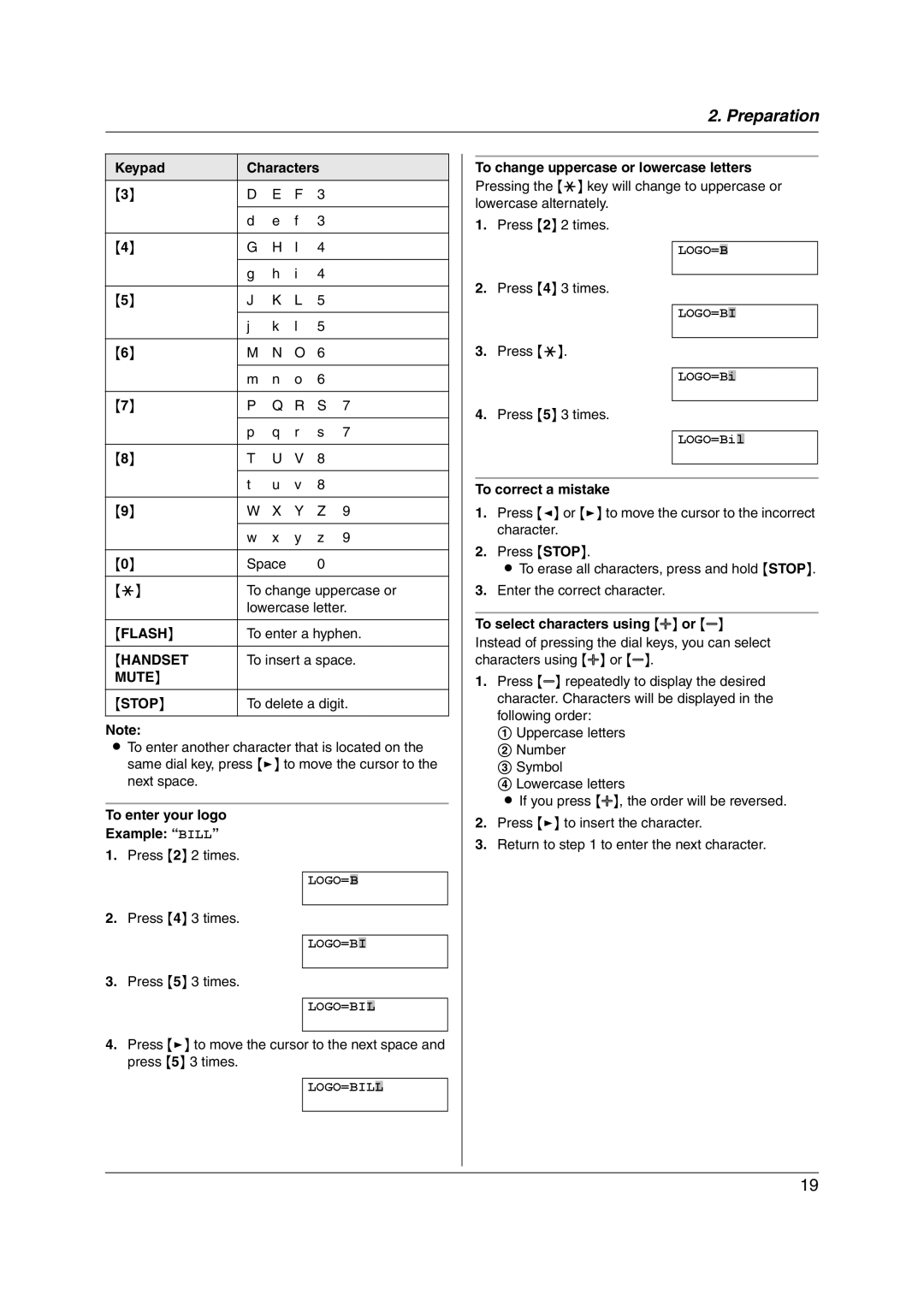 Panasonic KX-FL313HK Keypad Characters, To enter your logo Example Bill, To change uppercase or lowercase letters 