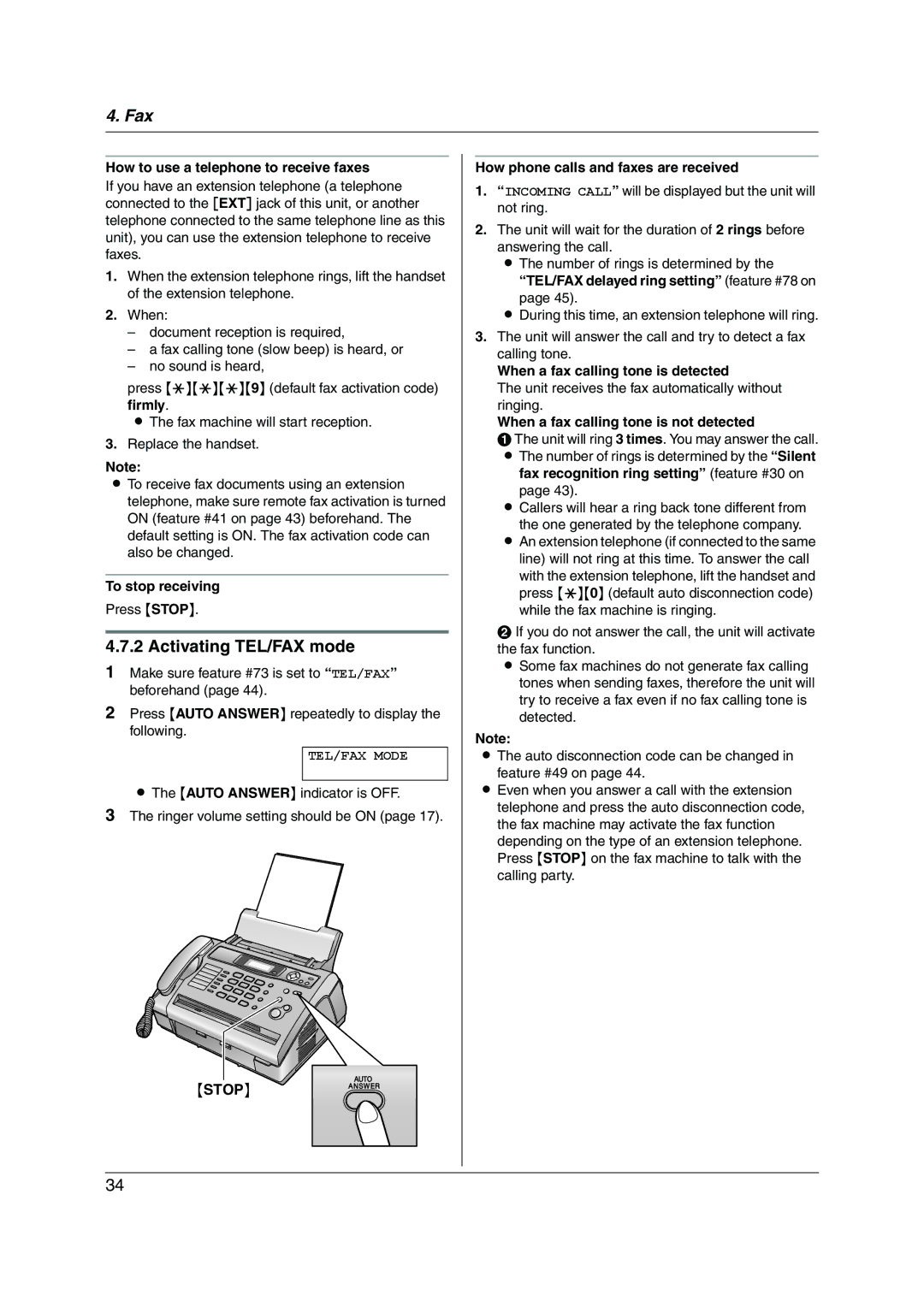 Panasonic KX-FL313HK operating instructions Activating TEL/FAX mode, Stop 