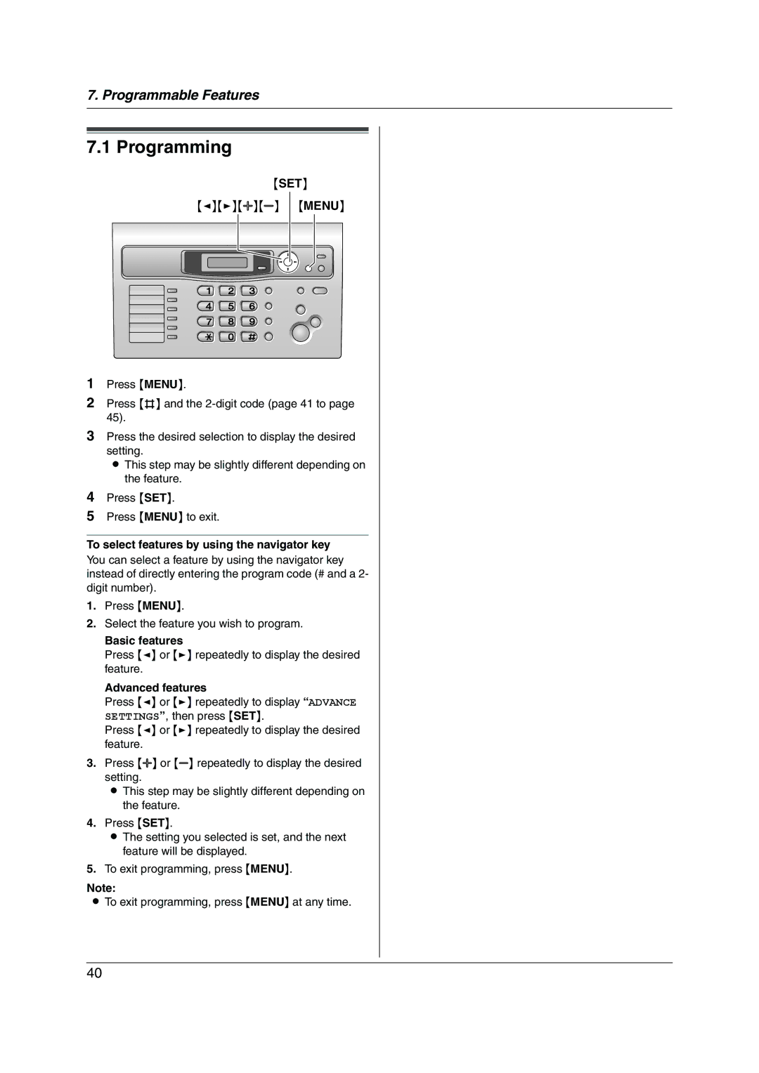 Panasonic KX-FL313HK Programming, To select features by using the navigator key, Basic features, Advanced features 