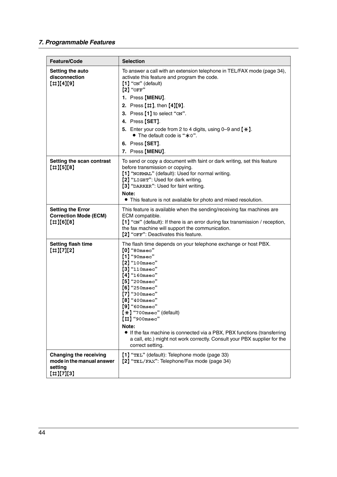 Panasonic KX-FL313HK operating instructions Feature/Code Selection Setting the auto, 700msec default, Correct setting 