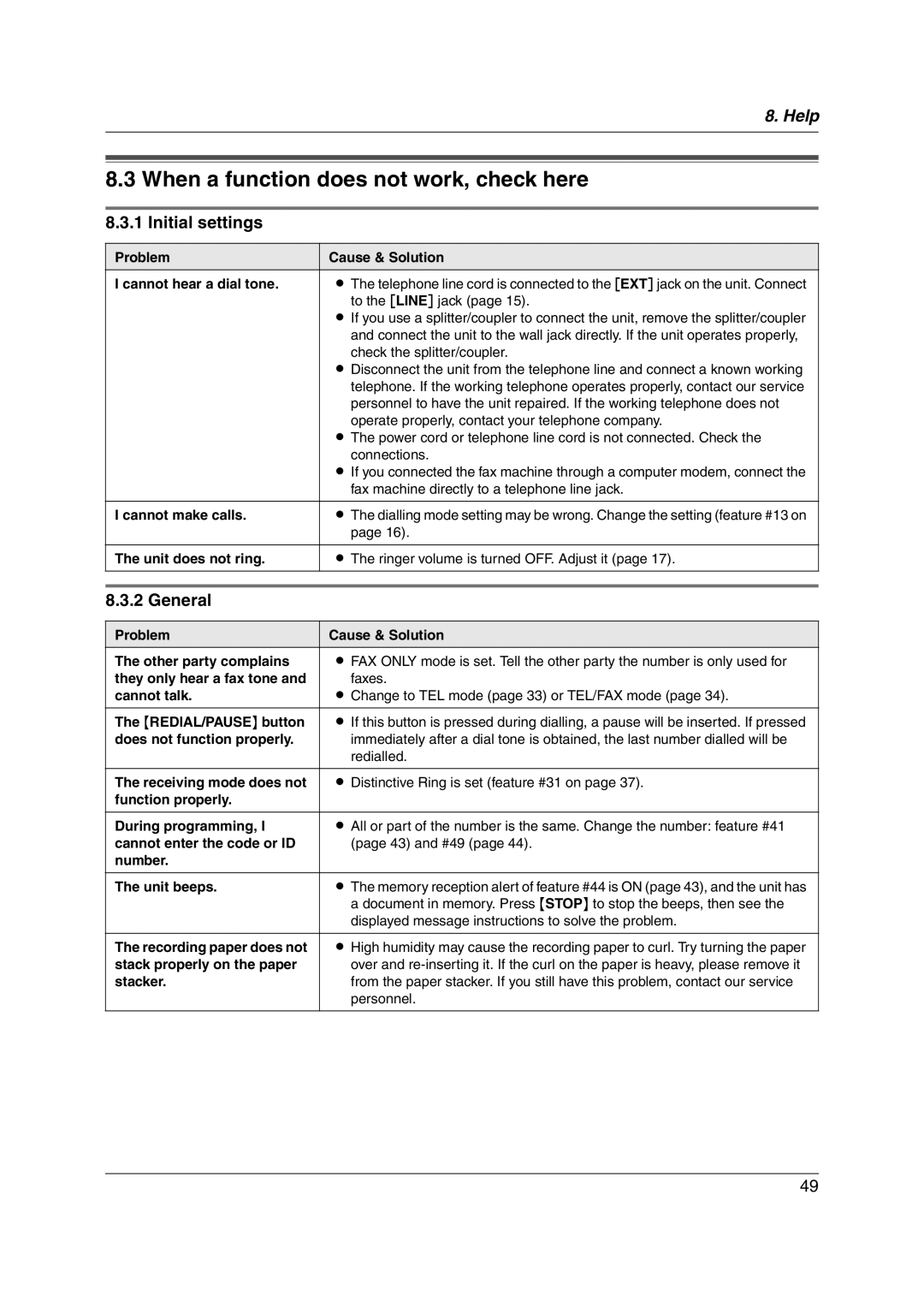 Panasonic KX-FL313HK operating instructions When a function does not work, check here, Initial settings, General 