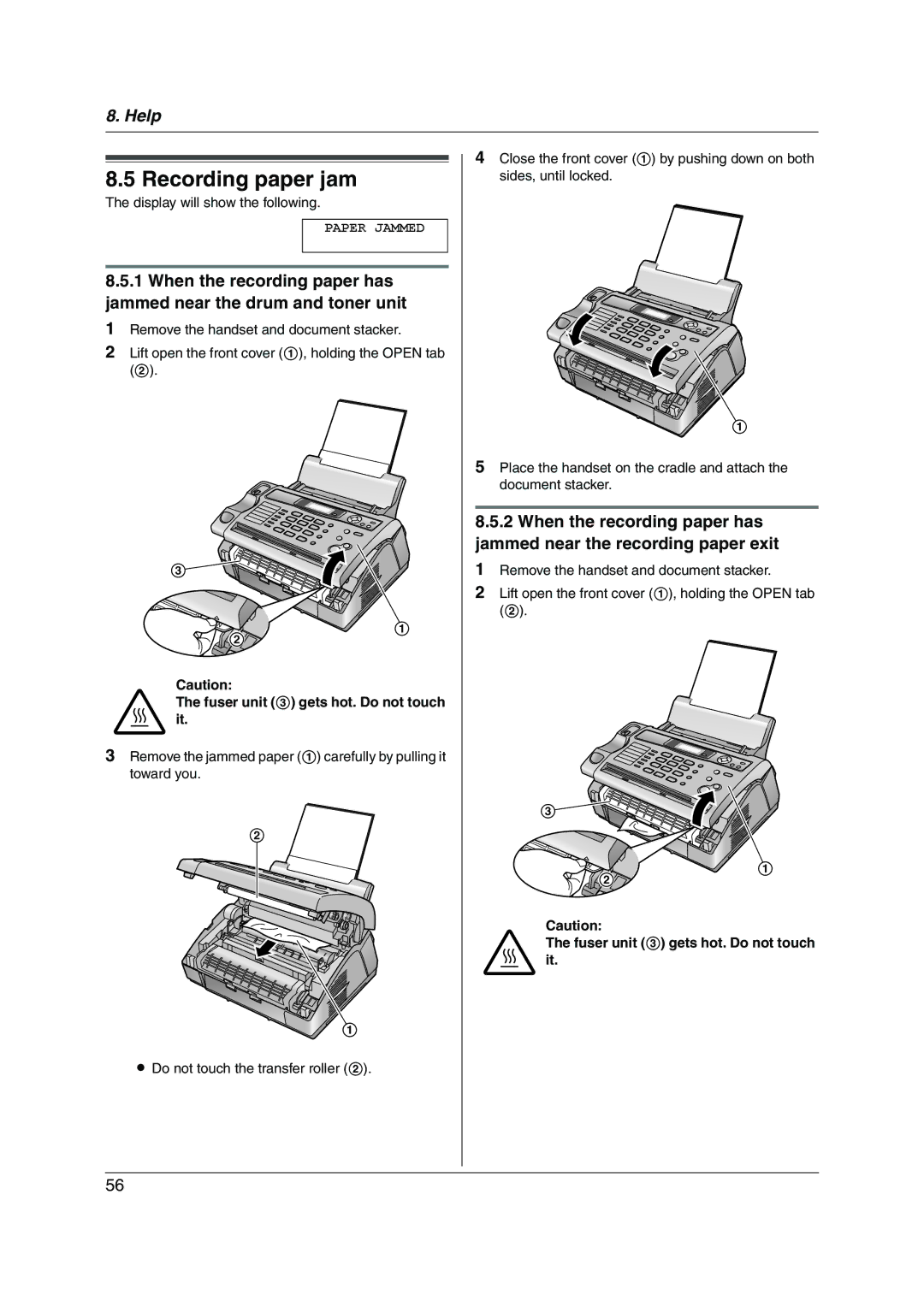 Panasonic KX-FL313HK operating instructions Recording paper jam, Paper Jammed 