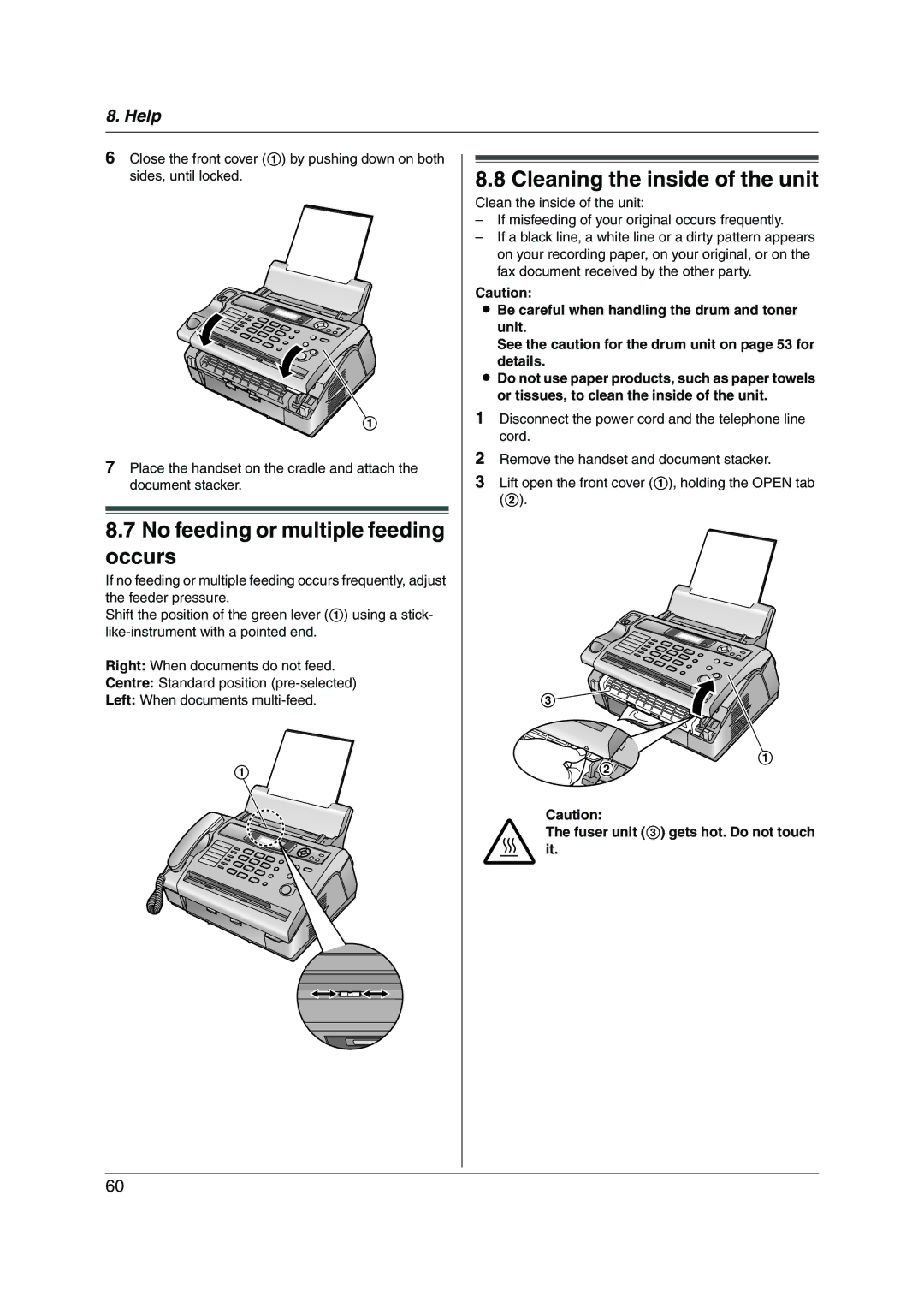 Panasonic KX-FL313HK operating instructions No feeding or multiple feeding occurs, Cleaning the inside of the unit 