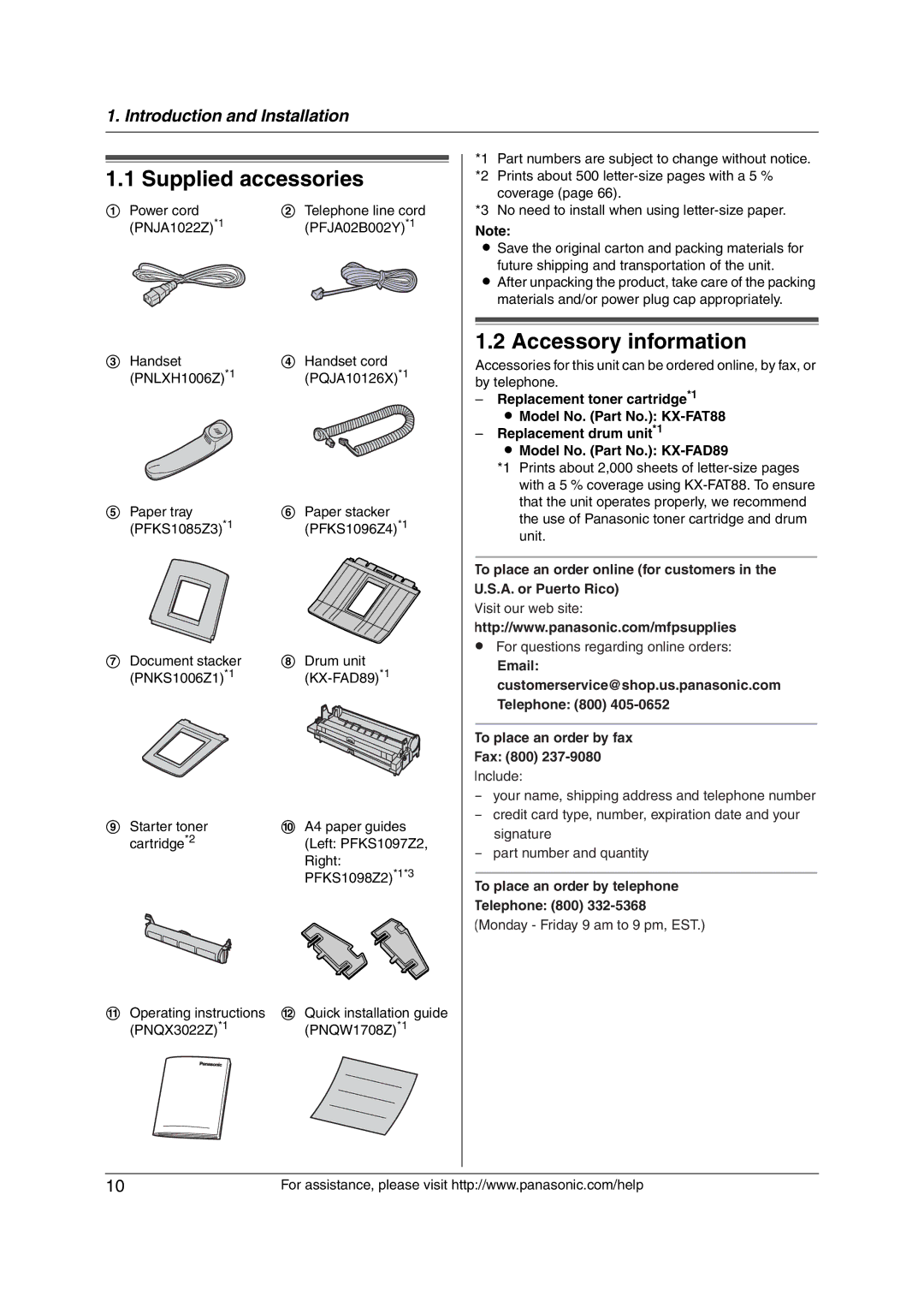 Panasonic KX-FL421 manual Supplied accessories, Accessory information, To place an order by fax Fax 800 