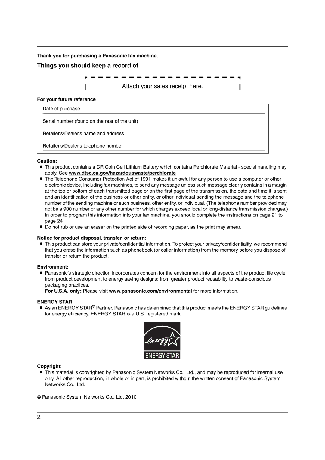 Panasonic KX-FL421 manual Things you should keep a record, Thank you for purchasing a Panasonic fax machine, Environment 