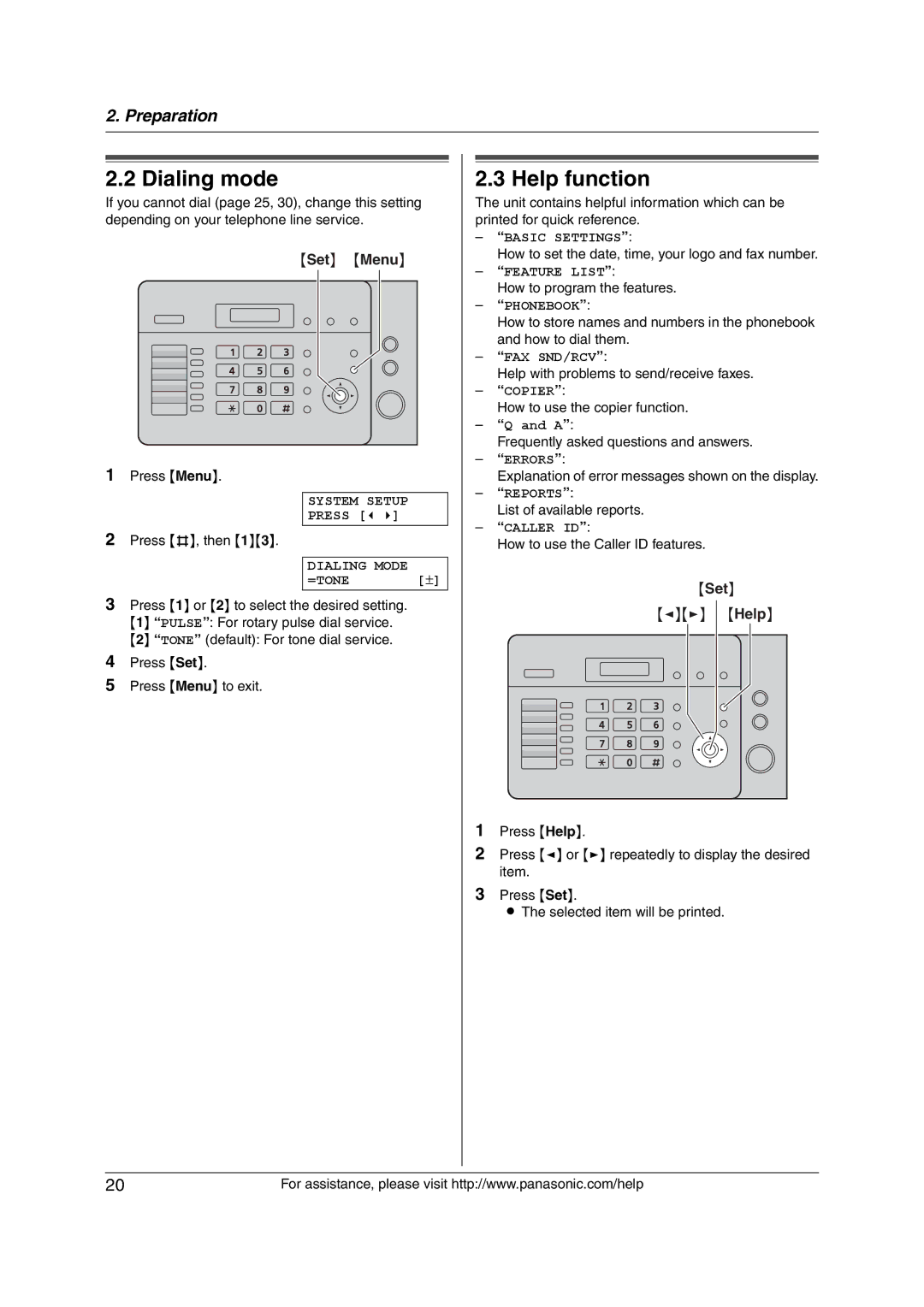 Panasonic KX-FL421 manual Dialing mode, Help function, Set Menu 