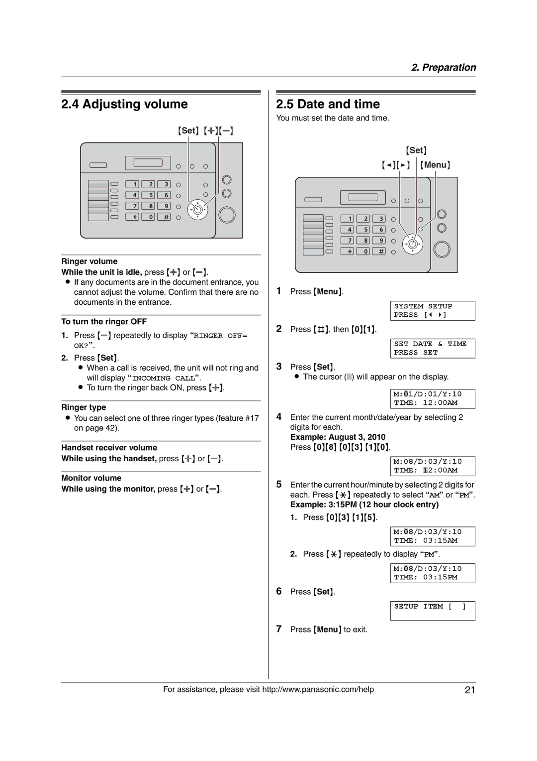 Panasonic KX-FL421 manual Adjusting volume, Date and time 