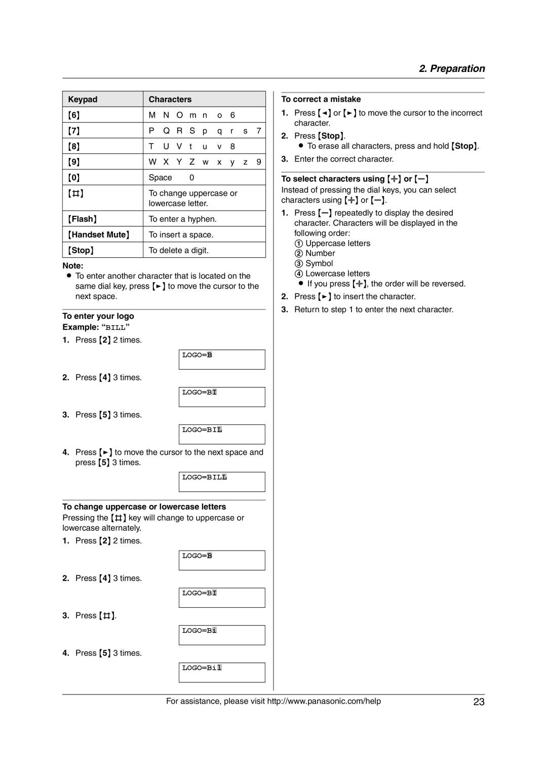 Panasonic KX-FL421 manual Keypad Characters, To enter your logo Example Bill, To change uppercase or lowercase letters 