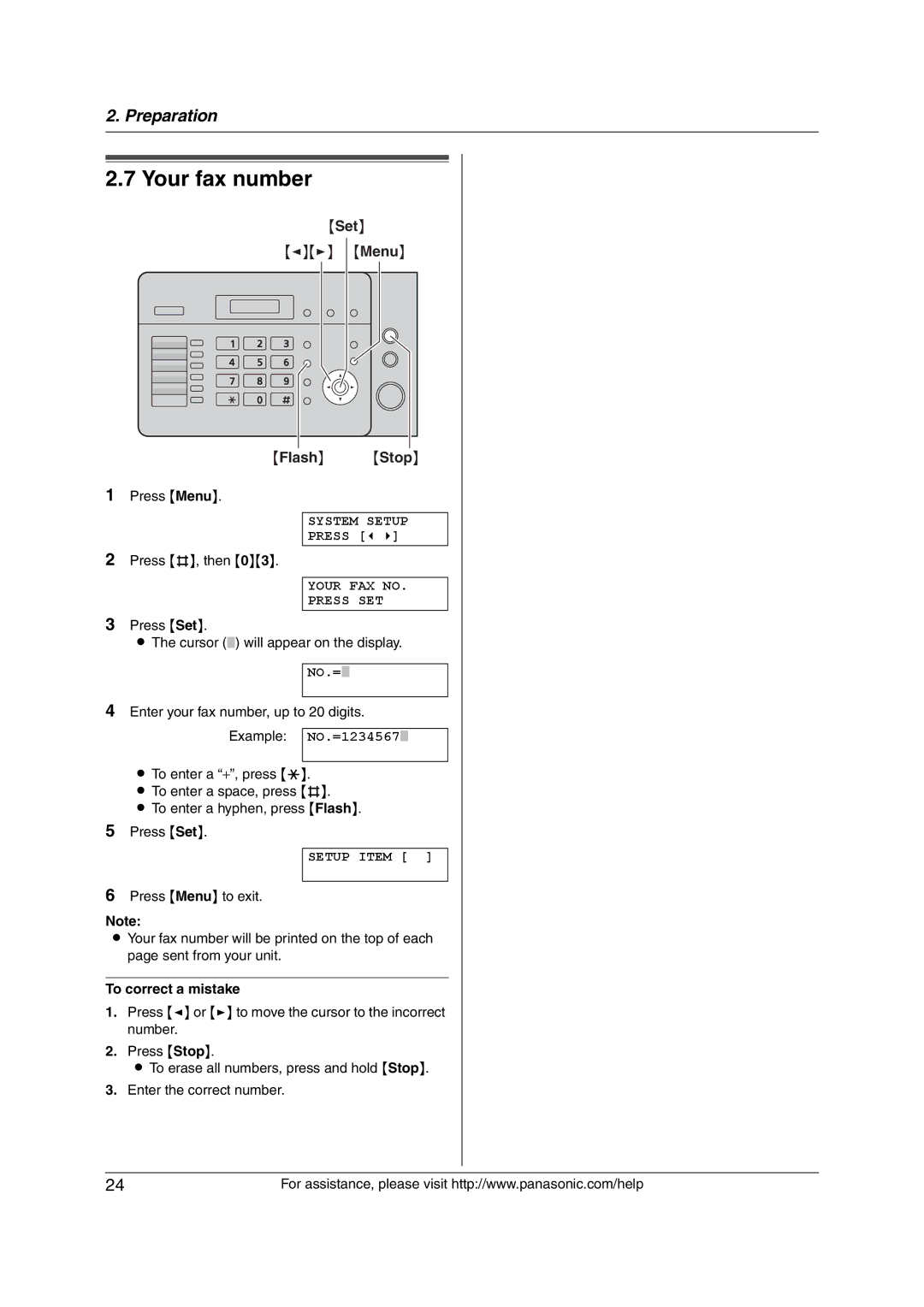 Panasonic KX-FL421 manual Your fax number, Flash Stop, Your FAX no Press SET 