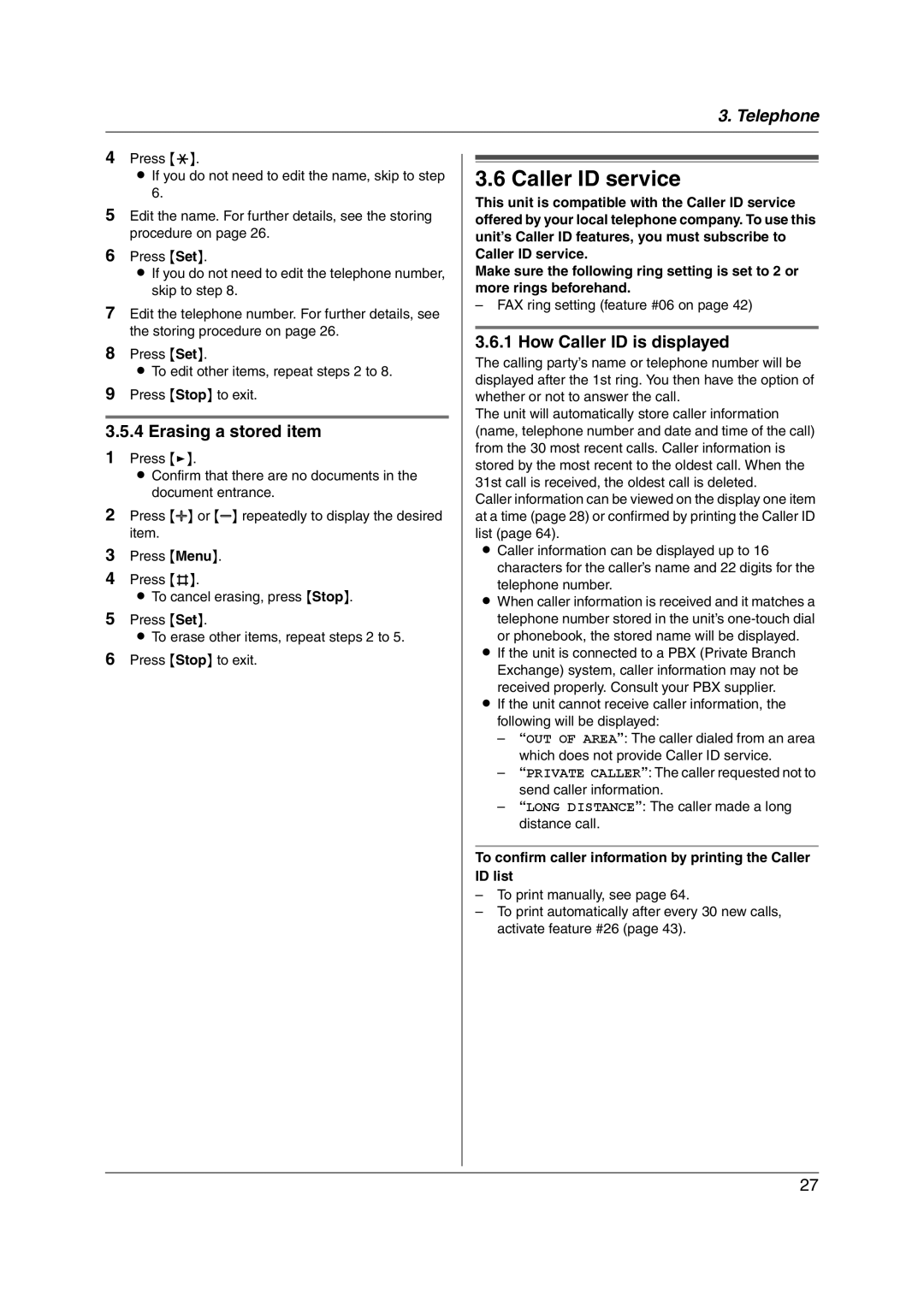 Panasonic KX-FL421 manual Caller ID service, Erasing a stored item, How Caller ID is displayed 