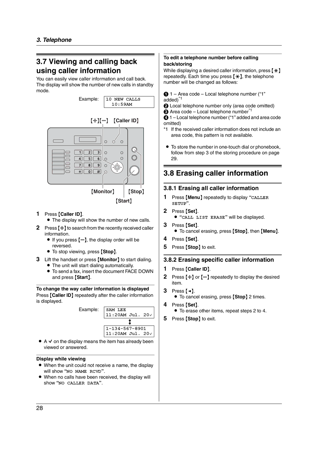 Panasonic KX-FL421 manual Erasing caller information, Erasing all caller information, Erasing specific caller information 