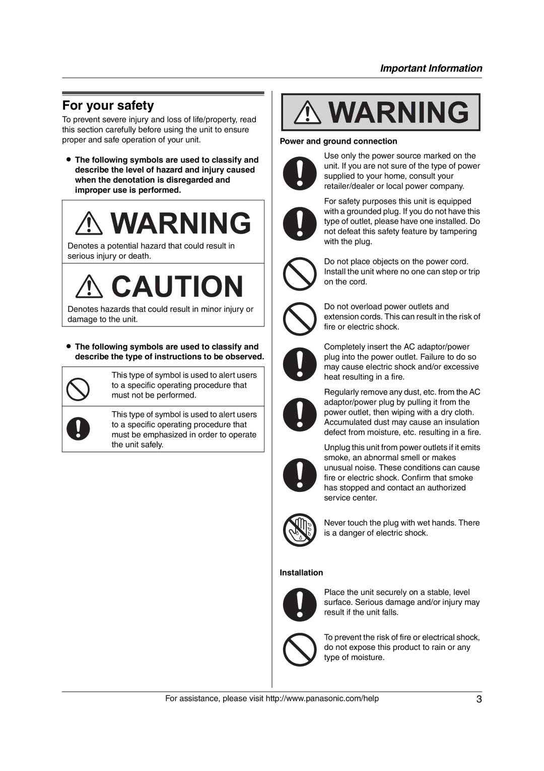 Panasonic KX-FL421 manual For your safety, Power and ground connection, Installation 