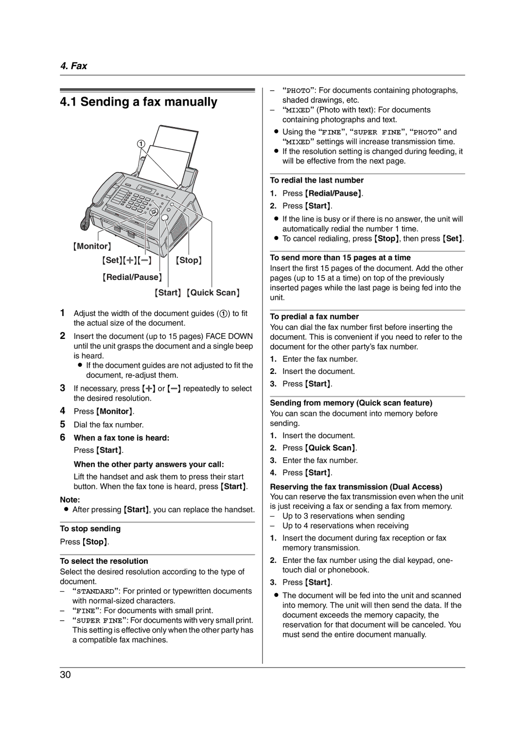 Panasonic KX-FL421 Sending a fax manually, Monitor, Redial/Pause Start Quick Scan 