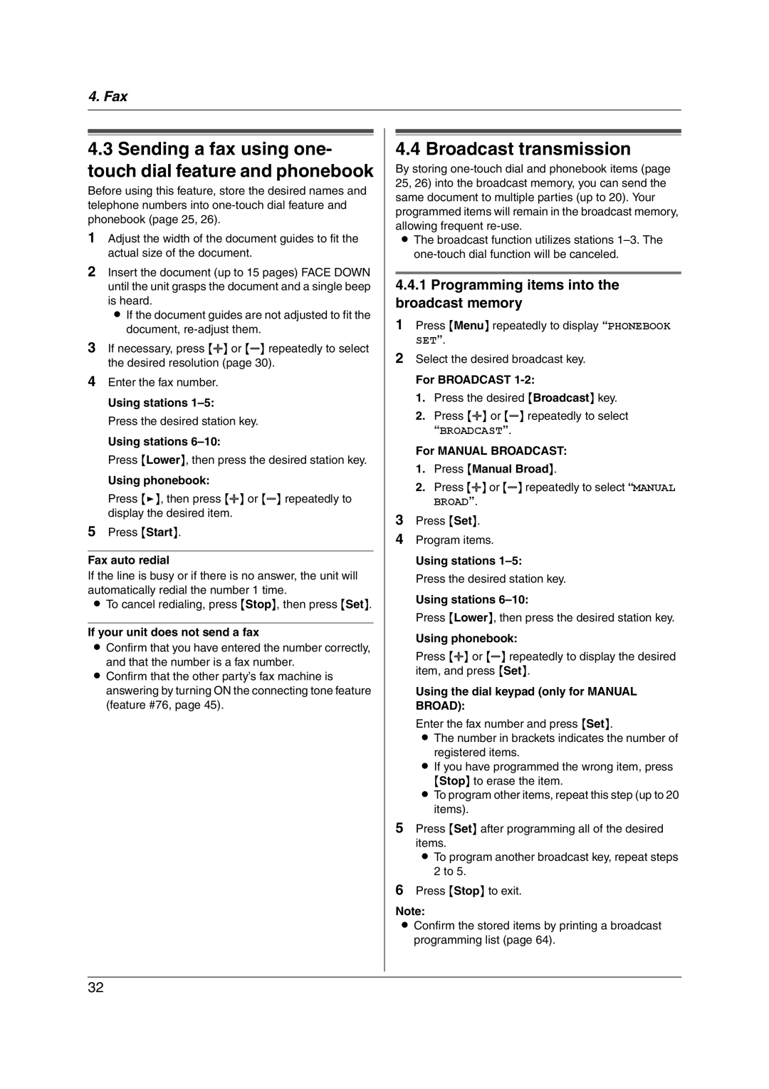 Panasonic KX-FL421 manual Broadcast transmission, Programming items into the broadcast memory 