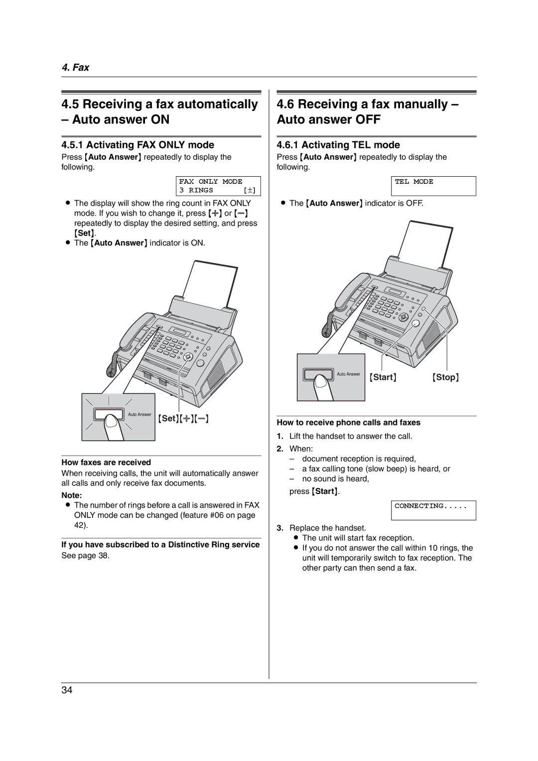 Panasonic KX-FL421 Receiving a fax automatically Auto answer on, Receiving a fax manually Auto answer OFF, Start Stop 