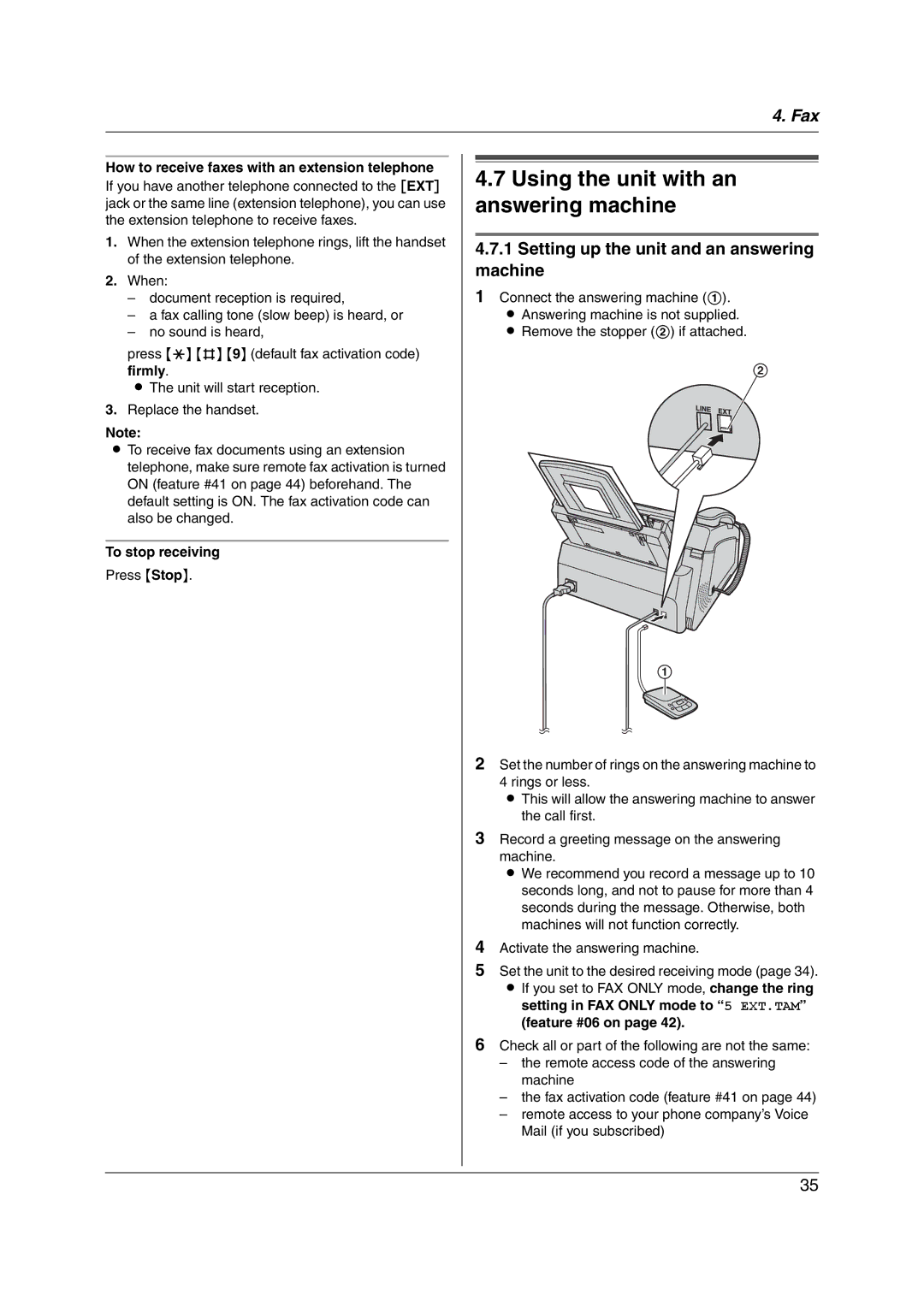 Panasonic KX-FL421 manual Using the unit with an answering machine, Setting up the unit and an answering machine 