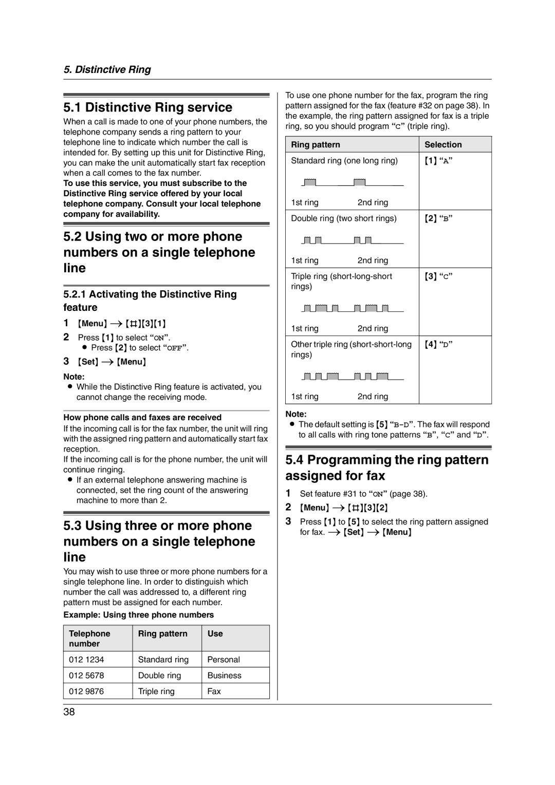 Panasonic KX-FL421 manual Distinctive Ring service, Using two or more phone numbers on a single telephone line 