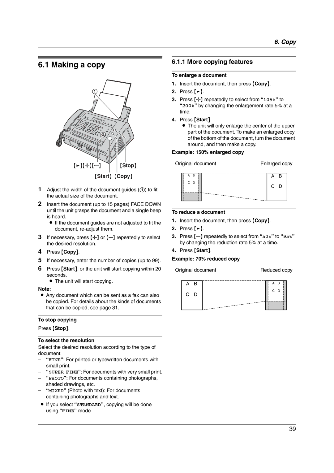 Panasonic KX-FL421 manual Making a copy, More copying features, Start Copy 