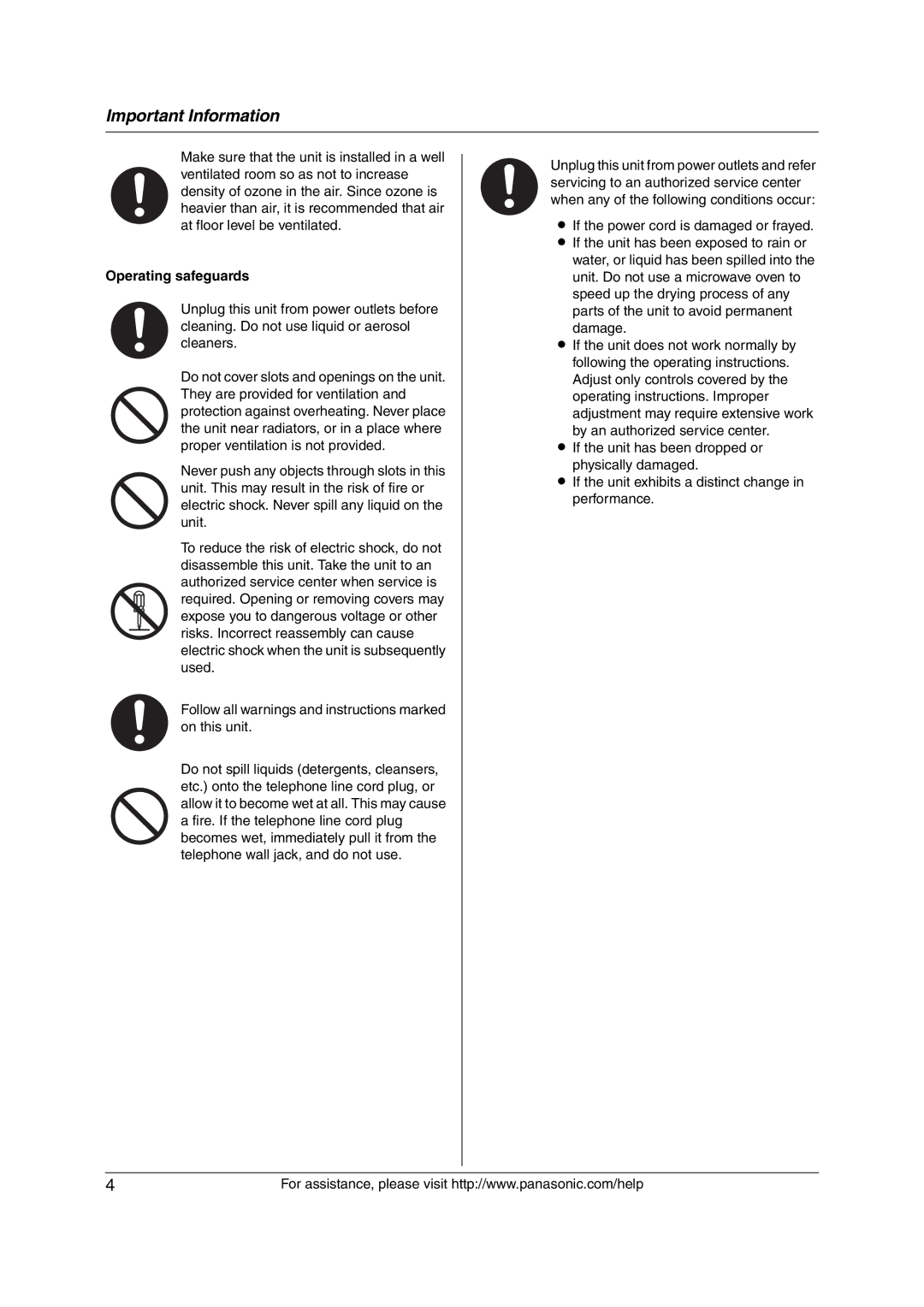 Panasonic KX-FL421 manual Operating safeguards 