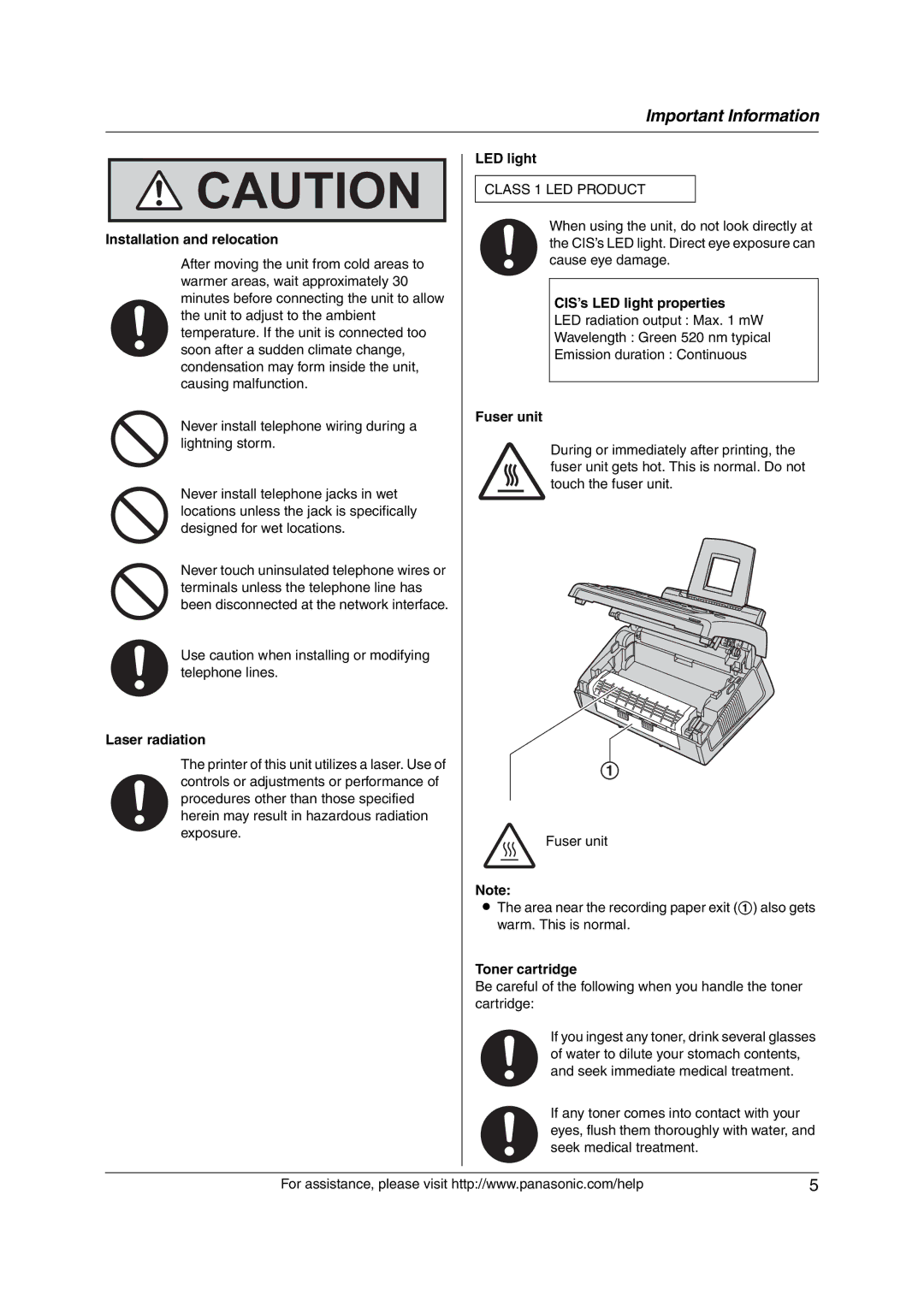 Panasonic KX-FL421 manual Installation and relocation, Laser radiation, CIS’s LED light properties, Fuser unit 